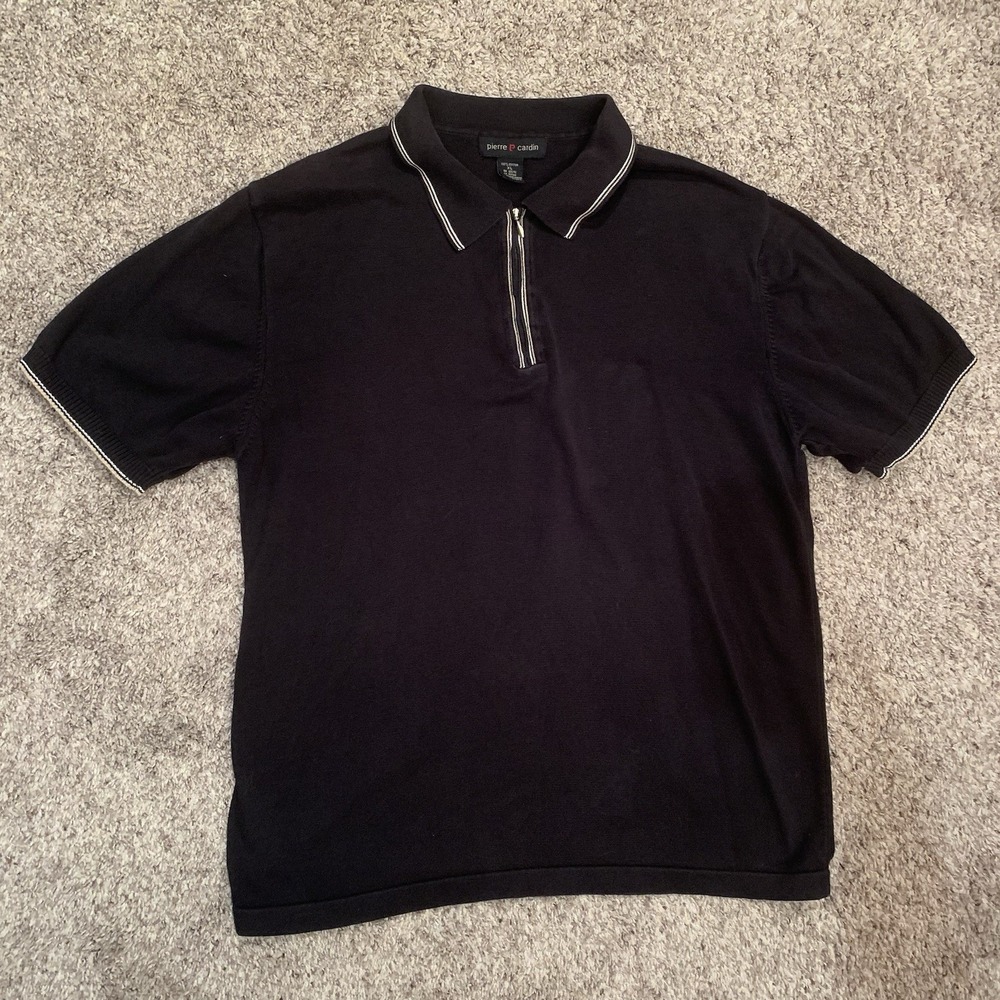 Pierre‎ Cardin Shirt Mens XL Black Short Sleeve 1/4 Zip